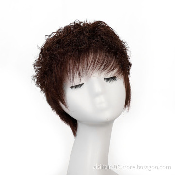 Clip On Glueless Brown Topper With Bang Short 100%  Straight Brazilian Cheap Pixie Cut Wig Human Hair